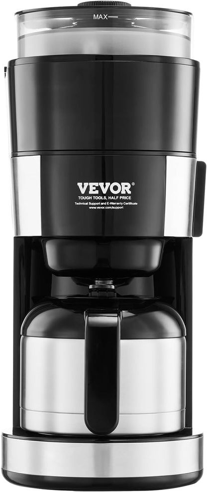 VEVOR Coffee Maker with Grinder, 8 Cup Programmable Coffee Machine, Grind and Brew Coffee Maker with 3 Brew Strength Control, Reusable Filter, Removable Water Tank, for Home Office Restaurant