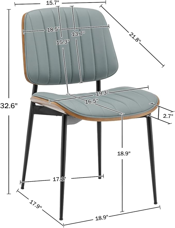 LUNLING Dining Chairs Set of 2,Mid Century Modern Retro Faux Leather Chair with Walnut Bentwood Upholstered Seat Metal Legs Adjustable Foot for Kitchen Dining Room Chairs(Blue)