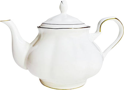 GOMMO Fine Real Bone China Teapot 30oz for Elegant Life Ceramic Tea Kettle (White-Gold)