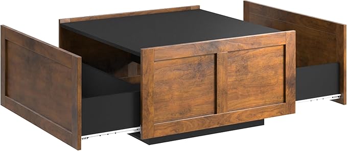 Farmhouse Coffee Table with 2 Storage Drawers for Living Room Square Center Middle Table Modern Cocktail Table Contemporary Mid Century Wood Home Office Waiting Room, Black Rustic