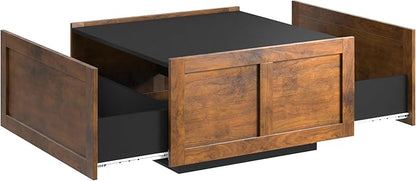 Farmhouse Coffee Table with 2 Storage Drawers for Living Room Square Center Middle Table Modern Cocktail Table Contemporary Mid Century Wood Home Office Waiting Room, Black Rustic