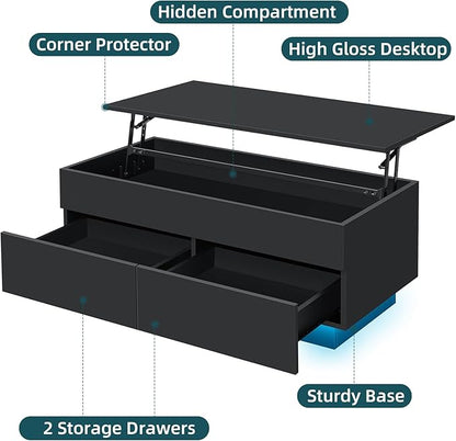 LED Coffee Table with Lift Top Morden Coffee Table with Storage High Gloss Black Sofa Table for Living Room Center Tables Hidden Compartment & 2 Drawers