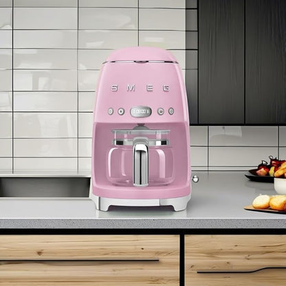 Smeg 50's Retro Style Aesthetic Drip Coffee Machine with 10 Cup Glass Carafe, Auto Start Feature, Keep Warm Plate, and Two Coffee Strength Settings (Pink)