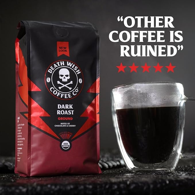 Death Wish Coffee Dark Roast Grounds -16 Oz, 2 Packs of Bold & Intense Blend of Arabica & Robusta Beans - USDA Organic Ground Coffee - Pack of 2