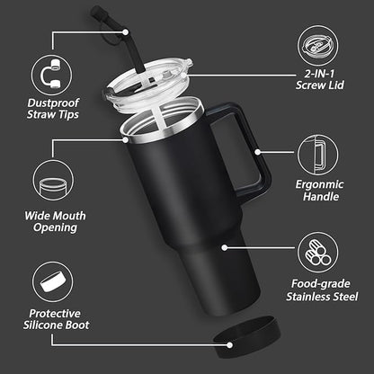 Insulated Tumbler with Straw and Spout Lid - 40 oz Water Bottle w/Handle, Dustproof Cover, Protective Boot, Spill-proof Stainless Steel Hydro Travel Cup Fit Car Cupholder, Coffee Mug