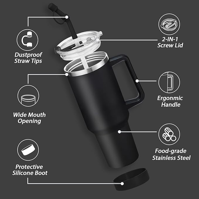 40 oz Tumbler with Handle and Straw Spout Lid - 100% Leak-proof Travel Coffee Cup, BPA Free Metal Mug, Vacuum Insulated Water Bottle- (Cold-34H & Hot-10H), Straw Cover, Silicone Boot