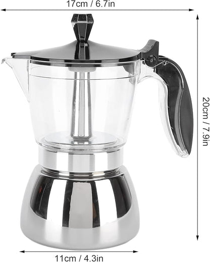 JUSTHERE 6 Cups Stainless Steel Coffee Pot Coffee Maker, Moka Pot Espresso Maker Premium Heat-Resistant Acrylic Top Stainless Steel Moka Pot, Stovetop Espresso Maker for Home