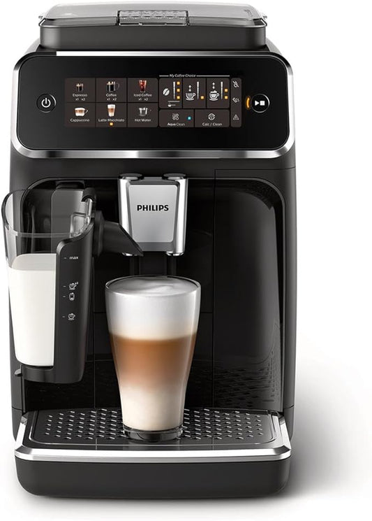 Philips Series 3300 Fully Automatic Espresso Coffee Machine - 6 Hot & Iced Drinks, LatteGo Milk System, 40% Quieter SilentBrew, Ceramic Grinder, Aquaclean Filter, Glossy Black (EP3341/50)