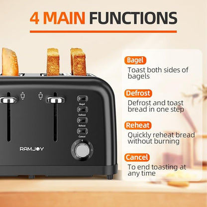 Black Toaster 4 Slice, Dual Independent Controls, Extra Wide Slot Toasters for Bagel, Bread, Waffles, 7 Shade Settings, 4 Main Functions, Removable Crumb Tray, 1500 Watts, Black Stainless Steel