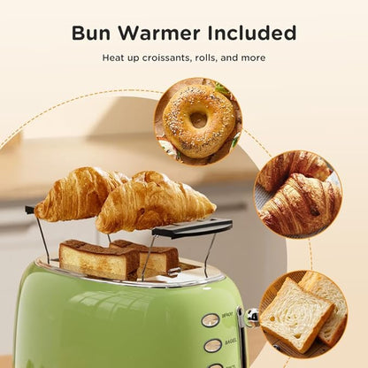 Toaster Retro 2 Slice, Vintage Green Toaster with Lid, with Bread Attachment, Preheat, Defrost And Cancel Functions, 6 Browning Levels (Green)
