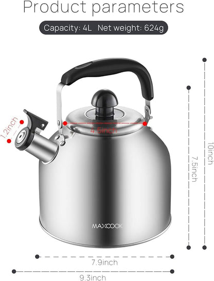 4.2 Quart/4L Stainless Steel Whistling Tea Kettle,Brushed Satin, Suitable to Boiling Water & Tea on Induction Stove, Gas Stove Top
