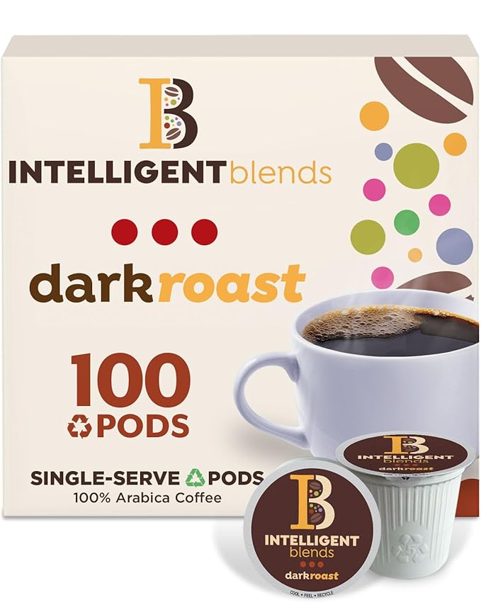 Intelligent Blends Dark Roast Coffee Pods, 100 ct, Recyclable Single Serve Pods – 100% Arabica Coffee, Compatible with Keurig K Cups Maker
