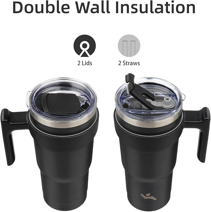20 oz Tumbler with Handle and 2 Straw 2 Lid, Insulated Water Bottle Stainless Steel Vacuum Cup Reusable Travel Mug,Black