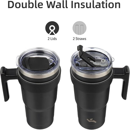 20 oz Tumbler with Handle and 2 Straw 2 Lid, Insulated Water Bottle Stainless Steel Vacuum Cup Reusable Travel Mug,Black