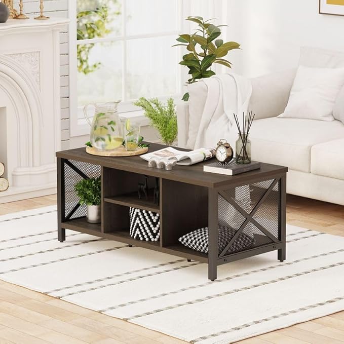 FATORRI Rustic Coffee Table for Living Room, Farmhouse Dark Wood Center Table, Industrial Rectangle Cocktail Tea Tables (Walnut Brown)