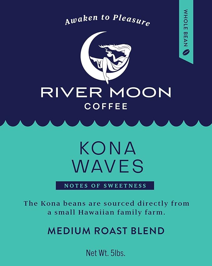 River Moon Coffee, Kona Coffee Whole Bean, Medium Roast, 5 lbs, Kona Waves Hawaiian Blend, Sustainably Farmed, 100% Arabica