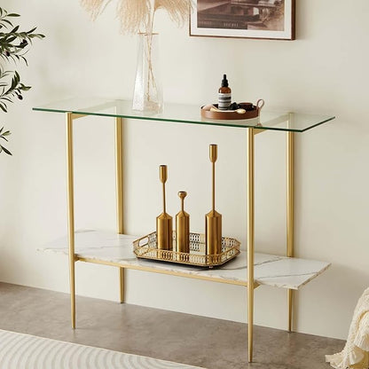 Glass Console Table for Living Room, Foyer & Entrance, 2-Tiers Mid-Century Modern Sofa Table with Clear Glass Top, White Marble Finish Wood Shelf and Gold Finish Frame