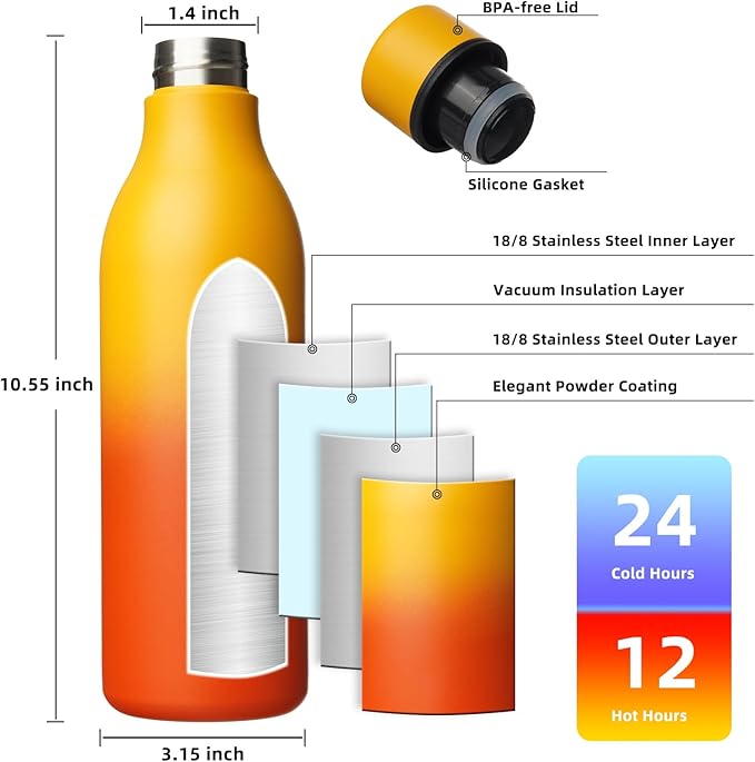 BJPKPK Insulated Water Bottles, 25 oz Stainless Steel Metal Water Bottle with Strap, BPA Free Leak Proof Jugs, Mugs, Flasks, Reusable Thermal Flasks for Sports & Travel, Sunset Orange