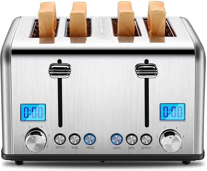 Roter Mond Countdown Stainless Steel 4 Slice Toaster with Bagel, Defrost, Cancel Function, Dual Toaster, Extra Wide Slots, 6 Shade Settings, Removable Crumb Trays, 1650W