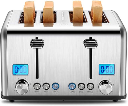 Roter Mond Countdown Stainless Steel 4 Slice Toaster with Bagel, Defrost, Cancel Function, Dual Toaster, Extra Wide Slots, 6 Shade Settings, Removable Crumb Trays, 1650W