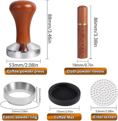 53mm Espresso Accessories Kit,Wdt Tool Espresso,Solid Espresso Tamper,Coffee Puck Screen and Dosing Funnel,Silicone Tamper Mat,0.4mm Stainless Steel 6pin Espresso Stirrer,Barista Tools Espresso Kit