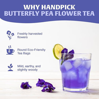 HANDPICK, Butterfly Pea Flower Tea (100 Herbal Tea Bags) | Caffeine Free, Non GMO | Premium Dried Butterfly Pea Flowers For Blue & Purple Drinks, Food Coloring | Iced Teas, Coolers, Cocktails