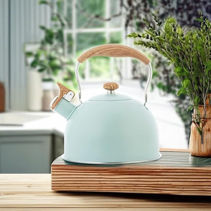 Whistling Stainless Steel Diamond Pattern Tea Kettle with Wood Grain Anti Heat Handle, Stainless Steel Cover Wood Grain Nylon Cover Top Tea Pot (Green)
