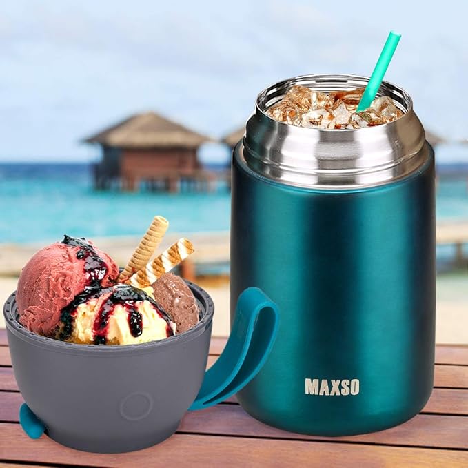 MAXSO 2 Pack Soup Thermo for Hot & Cold Food for Kids Adults, Vacuum Insulated Food Jar Thermal Lunch Containers, Travel Food Flask with Spoon (24 oz,17 oz) (Matte Green)