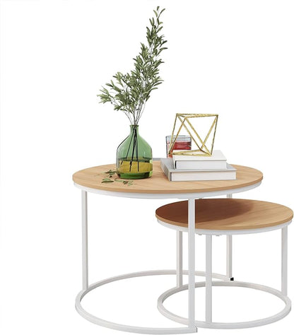 Round Coffee Table Set of 2 End Table for Living Room,Stacking Side Tables,Sturdy& Easy Assembly,Wood Look Accent Furniture with Metal Frame,Industrial/Modern Coffee Table White+Teak OAKDK