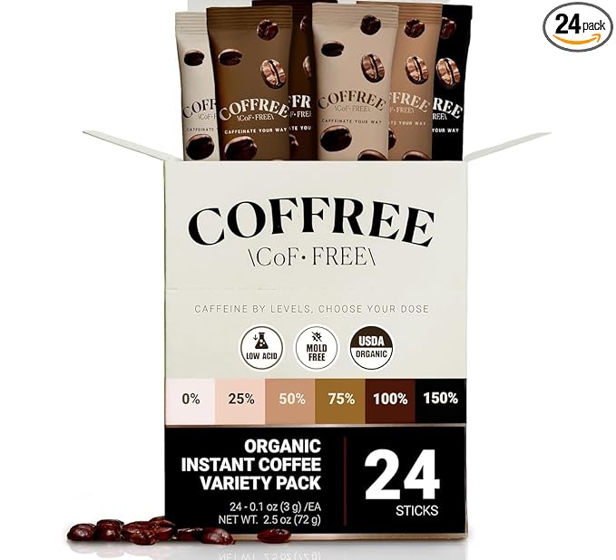 COFFREE Organic Instant Coffee Packets Variety Pack - Convenient Single Serve Coffee Sticks, Mold Free, Low Acid Arabica for On-the-Go Energy - 0–150% Caffeine Options for Hot or Cold Brew - 24 Count