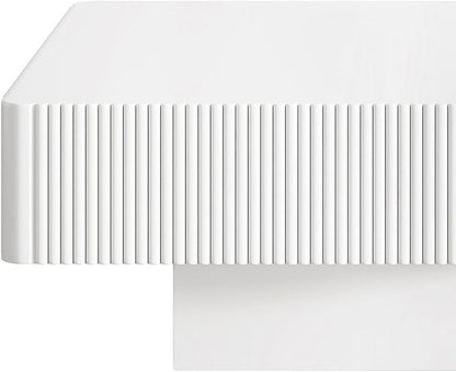 31.6 Inch Square Drum Coffee Table, Modern Handcraft Fluted Drum Coffee Table, Wooden Square Center Table Cocktail Table with Stable Pedestal for Living Room Apartment (White)