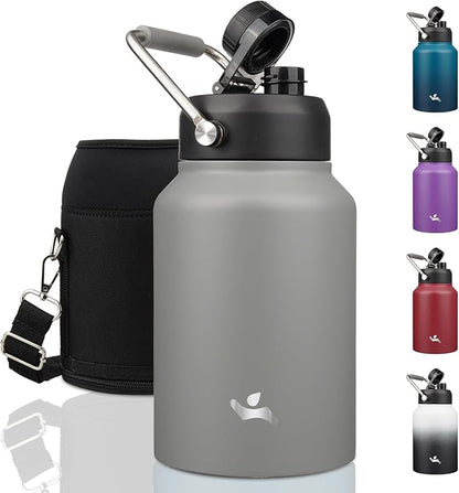 Half Gallon Jug with Handle,64 oz Insulated Water Bottle with Carrying Pouch,Double Wall Vacuum Stainless Steel Metal Bottle,Gray