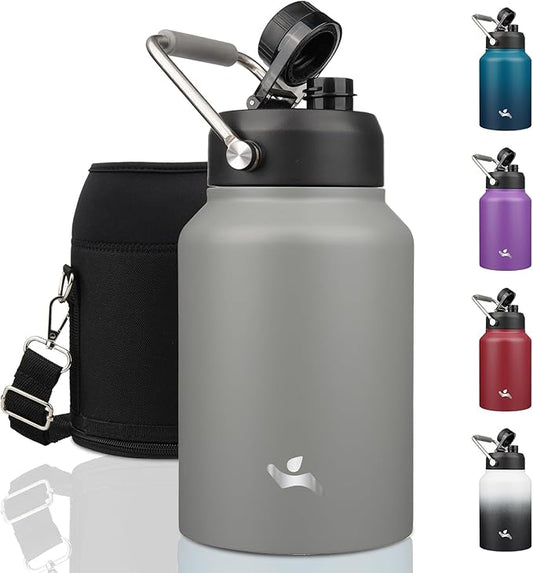 Half Gallon Jug with Handle,64 oz Insulated Water Bottle with Carrying Pouch,Double Wall Vacuum Stainless Steel Metal Bottle,Gray