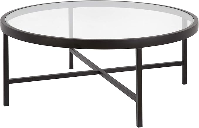 Henn&Hart 36" Wide Round Coffee Table with Glass Top in Blackened Bronze, Modern coffee tables for living room, studio apartment essentials