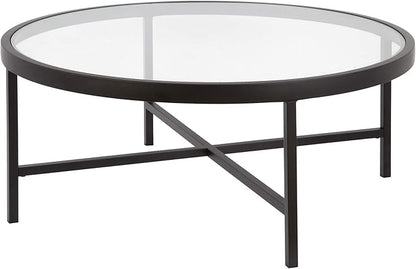 Henn&Hart 36" Wide Round Coffee Table with Glass Top in Blackened Bronze, Modern coffee tables for living room, studio apartment essentials