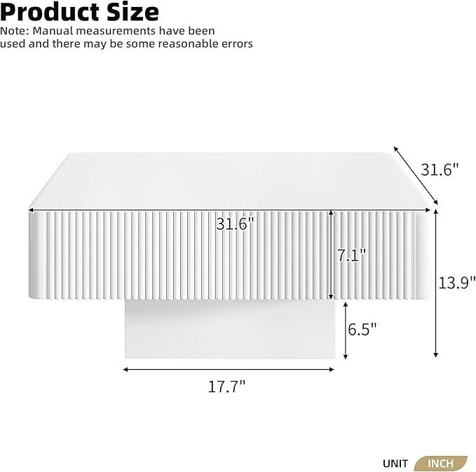 Square Coffee Table for Living Room, Accent Fluted Coffee Table with Storage, Modern Solid Wood Veneered Large Center Tea Table for Small Space Apartment (31.6''D×14''H-White)