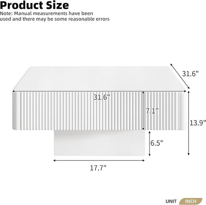 Square Coffee Table for Living Room, Accent Fluted Coffee Table with Storage, Modern Solid Wood Veneered Large Center Tea Table for Small Space Apartment (31.6''D×14''H-White)