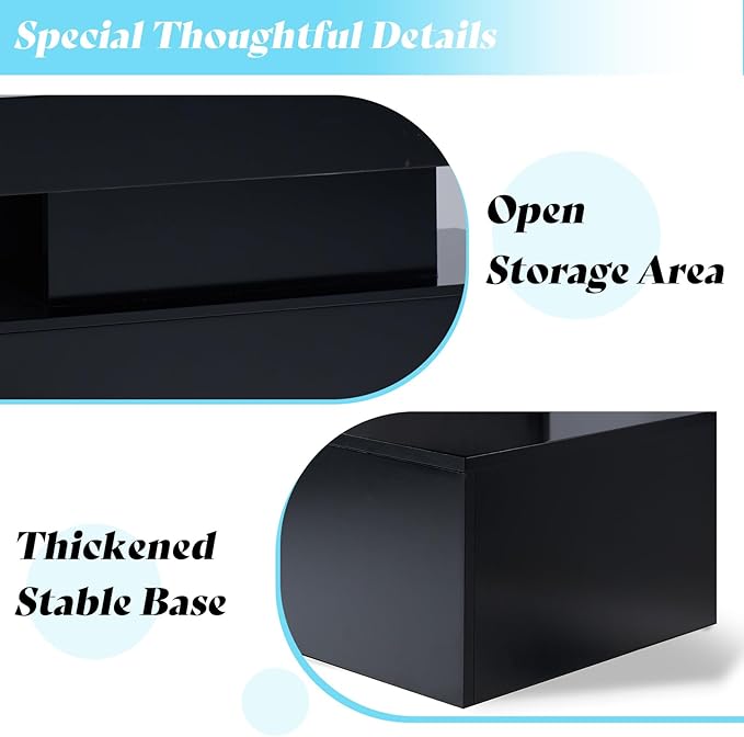 AMERLIFE High Gloss LED Coffee Table, Modern 2-Tier Center Table with LED Lights, Open Storage Space, 40in Simple Rectangular Sofa Side Table for Living Room, Black