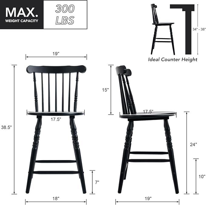 chairus 24" Black Windsor Counter Height Bar Stools Set of 3, Farmhouse Wooden Counter Stools with Spindle Back & Turned Legs, Rustic Vintage Colonial Bar Chairs for Kitchen Island
