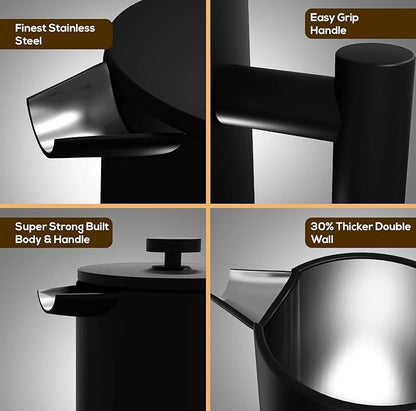 Utopia Kitchen Stainless Steel French Press Coffee Maker 34 Oz (1 Litre) with 2 Extra Filters, French Press Coffee & Tea Maker for Kitchen & Camping, Cold Brew Cafetiere, Black