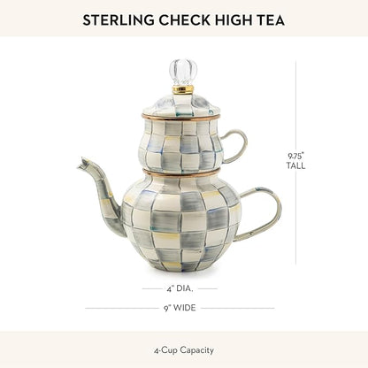 MACKENZIE-CHILDS Enamel High-Tea Teapot, Cup, and Lid, Cute Teapot and Teacup Combo, Gray-and-White Sterling Check