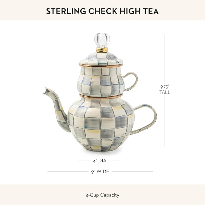 MACKENZIE-CHILDS Enamel High-Tea Teapot, Cup, and Lid, Cute Teapot and Teacup Combo, Gray-and-White Sterling Check