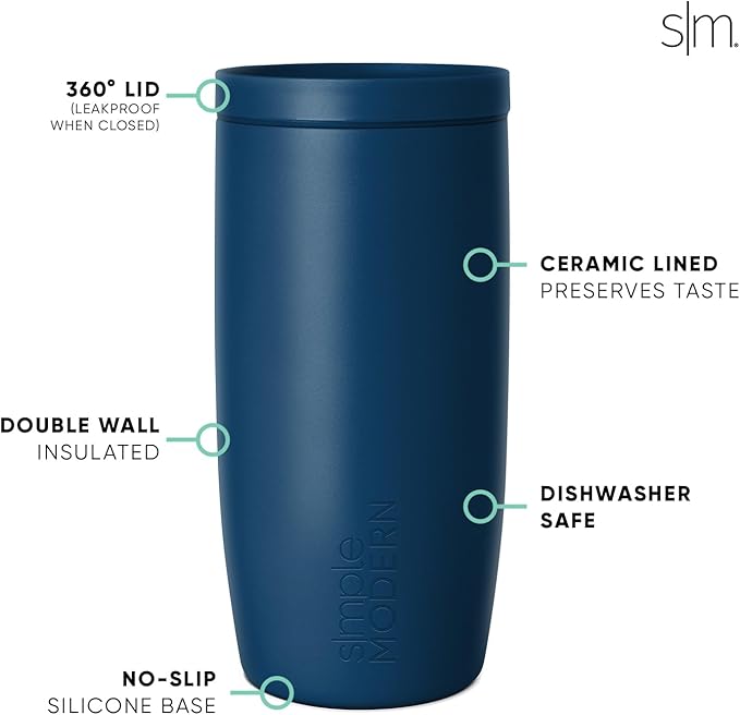 Simple Modern Travel Coffee Mug Tumbler with 360° Lid | Ceramic-Lined Insulated Stainless Steel Cold Brew Iced Coffee Cup Thermos | Gifts for Women Men Her Him | Voyager Signature | 16oz | Slumberland