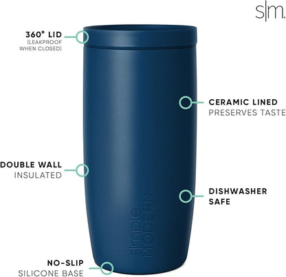 Simple Modern Travel Coffee Mug Tumbler with 360° Lid | Ceramic-Lined Insulated Stainless Steel Cold Brew Iced Coffee Cup Thermos | Gifts for Women Men Her Him | Voyager Signature | 16oz | Slumberland