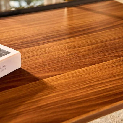 Shrine Rectangle Coffee Table, Mid-Century Modern Design, 2-Tier Structure, Amber Glass Top and Walnut MDF Shelf, 41" D x 21" W x 17" H, Sleek Conical Metal Legs with Gold Finish