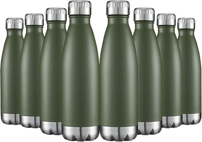 HASLE OUTFITTERS 17oz Stainless Steel Water Bottles Bulk, Vacuum Insulated Double Walled Powder Coated Reusable Metal Sports Water Bottles Keep Drinks Hot and Cold, ArmyGreen, 8Packs