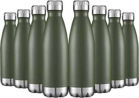 HASLE OUTFITTERS 17oz Stainless Steel Water Bottles Bulk, Vacuum Insulated Double Walled Powder Coated Reusable Metal Sports Water Bottles Keep Drinks Hot and Cold, ArmyGreen, 8Packs