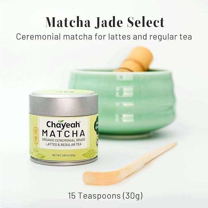 CHAYEAH, Jade Select Matcha – Organic Ceremonial Grade Matcha Green Tea Powder for Lattes & Everyday Matcha, First Harvest (1.06 oz Tin)