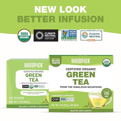 HANDPICK, Organic Green Tea Bags - 100 Eco-Friendly Tea Bags | USDA Organic | Resealable Pack for Freshness | Delicate & Flavory | Direct From India
