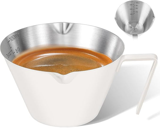1Pc Stainless Steel Espresso Cups, Double Spout Metal Measuring Cup with Dual Scale, Espresso Shots Cup with Handle, Coffee Bean Weighing (White), 3.4oz/100ml